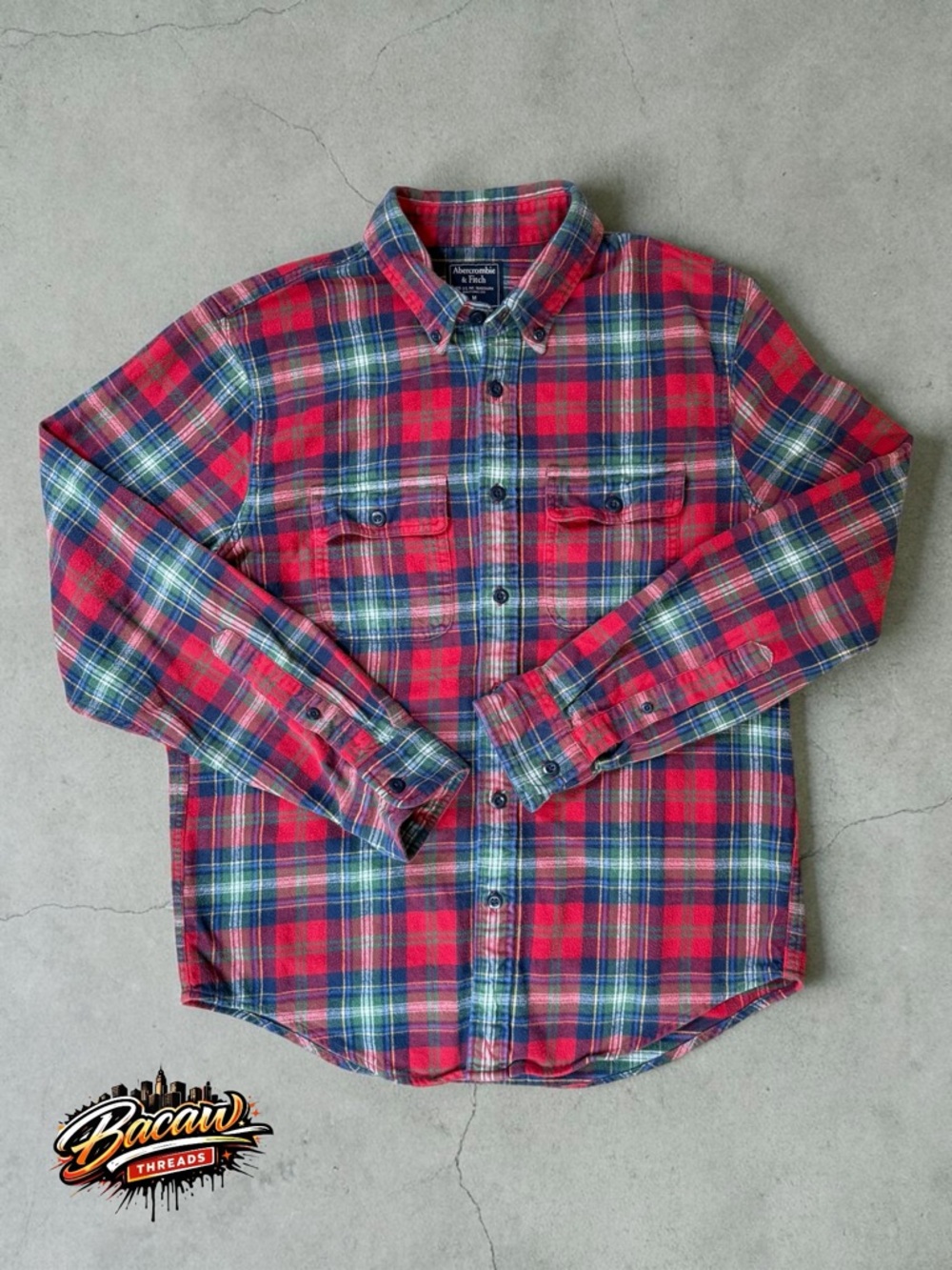 Abercrombie & Fitch Men’s Red and Green Plaid Button-Down Flannel Shirt